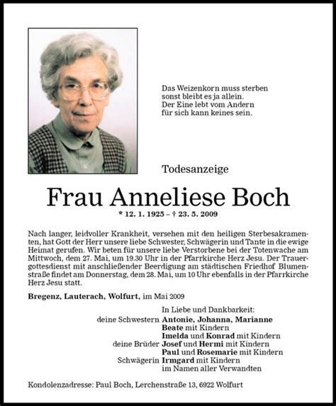 Todesanzeigen Von Anneliese Boch Todesanzeigen Vorarlberger Nachrichten