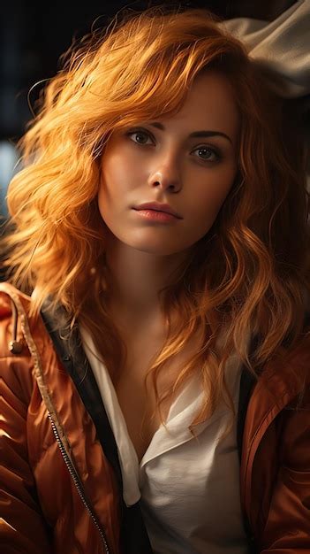 Premium Photo Pretty Red Head Woman With Orange Jacket