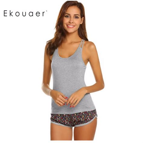 Ekouaer Women Nightwear Sexy Pajamas Set Casual Solid Sleeveless Cami