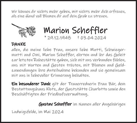 Traueranzeigen von Marion Scheffler Märkische Onlinezeitung Trauerportal