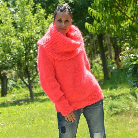 Hand Knit Mohair Sweater Neon Coral Pink Fuzzy Turtleneck Etsy