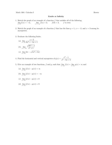 Limits And Infinity Worksheet For 11th 12th Grade Lesson Planet