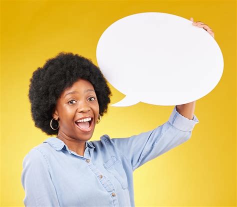 Premium Photo Speech Bubble Portrait And Happy Black Woman In Studio