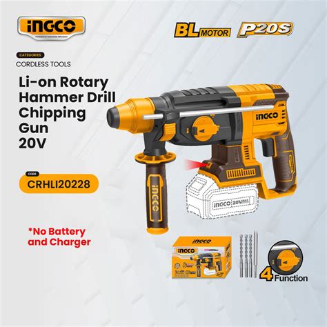 Ingco 20v Lithium Ion Cordless Rotary Hammer With Free Chisel And Hammer