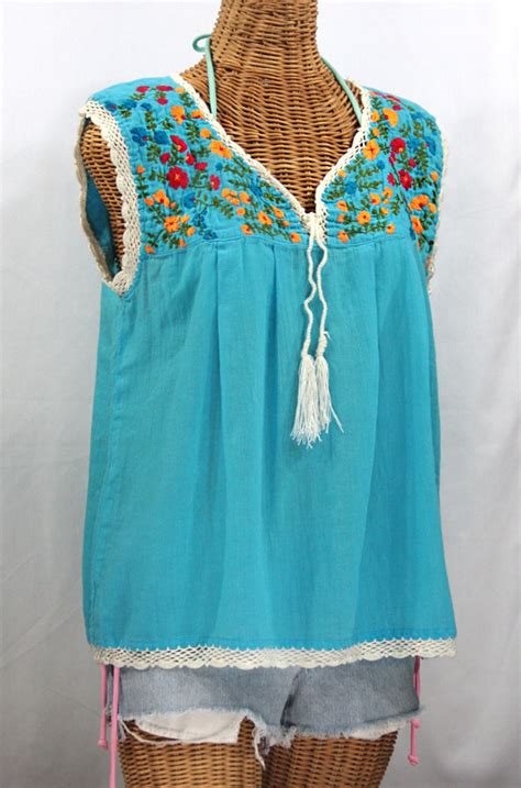 La Marbrisa Sleeveless Mexican Blouse Aqua Fiesta