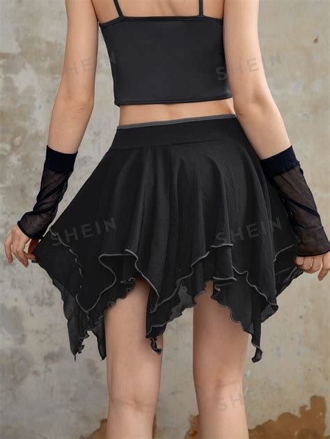 Romwe Fairycore Contrast Binding Knot Side Asymmetrical Hem Skirt For