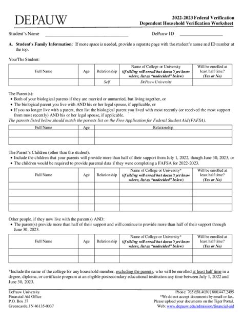 Fillable Online Verification Worksheet Dependent Student