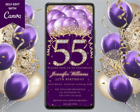 Digital 55th Birthday Party Purple Gold Diamond Glitter Balloon Invitation Electronic Phone