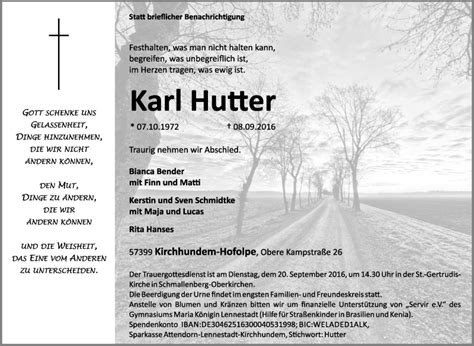 Traueranzeigen Von Karl Hutter Trauer In NRW De