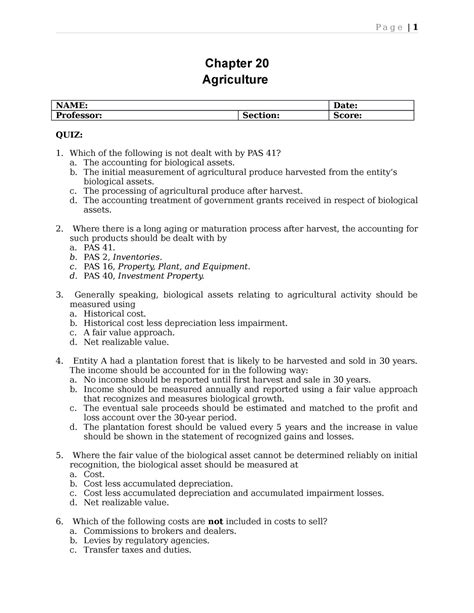 Quiz Chapter 20 Agriculture P A G E 1 Chapter 20 Agriculture Name