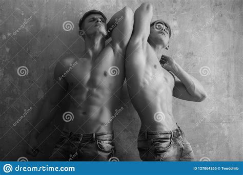 Men Twins Posing With Strong Naked Torso Stock Image Image Of Blue