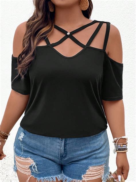 Shein Lune Plus Criss Cross Cold Shoulder Tee Shein Usa