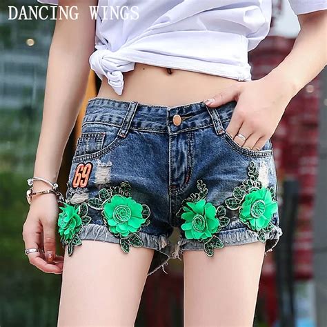 Novelty Badge Flower Embroidered Denim Shorts Women Fashion Holes