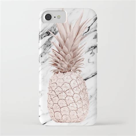 Rose Gold Pineapple On Black And White Marble Iphone Case