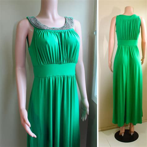 Sandiva M Green Stretch Poly Maxi Cocktail Dress Beaded Sleeveless Y2k