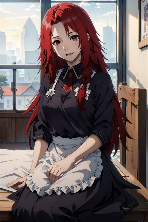 A Woman With Red Hair Sitting On Top Of A Bed In Front Of A Window