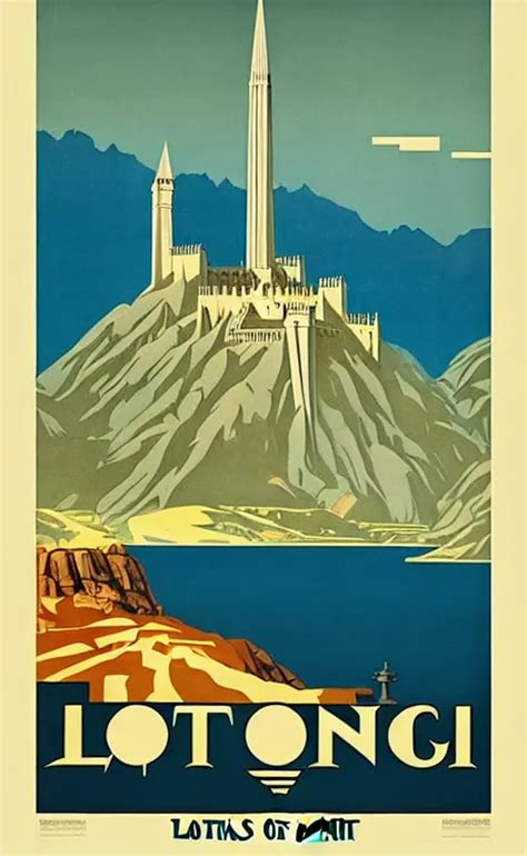 Art Deco Travel Poster Visit Minas Tirith Lord Of Stable Diffusion