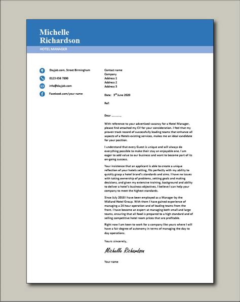Hotel Manager Cover Letter Hospitality Example Sample Jobs Career