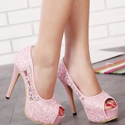 Peep Toe Pink Lace Detail High Heels Shoes On Luulla