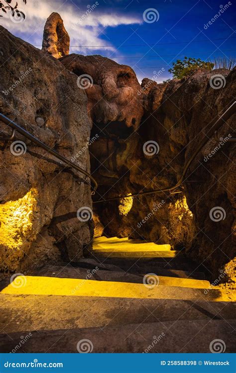 Vertical Shot Of The Artificial Caves Of The Grotto At Night In San