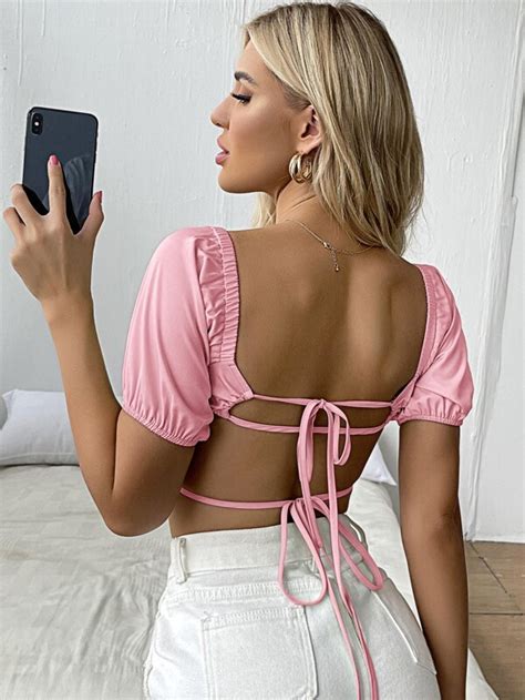 Shein Priv Puff Sleeve Tied Backless Crop Top Shein Uk