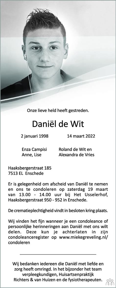 Daniël de Wit 14 03 2022 overlijdensbericht en condoleances Mensenlinq nl