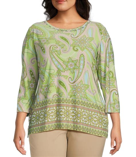 Allison Daley Plus Size Embellished Paisley Border Print 3 4 Sleeve Crew Neck Knit Top Dillard S