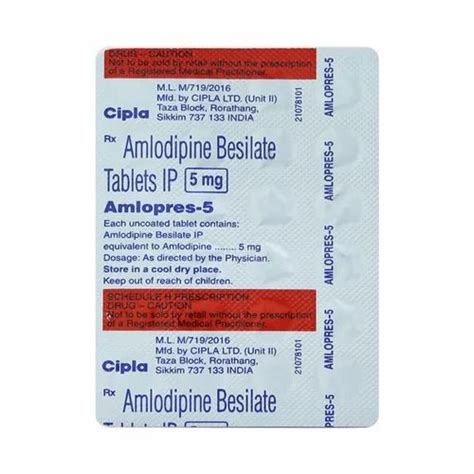 S Amlodipine 5mg S Amlopress S Amlodipine Tablet Cipla Ltd 10