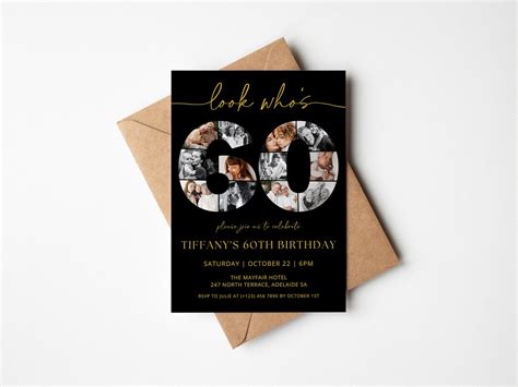 Black And Gold 60th Birthday Invitation Template With Photo Collage Look Whos 60 Sixtieth