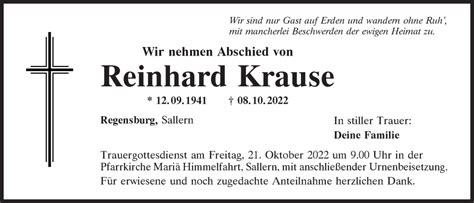 Traueranzeigen Von Reinhard Krause Mittelbayerische Trauer