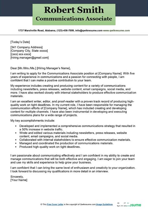 Communications Associate Cover Letter Examples Qwikresume