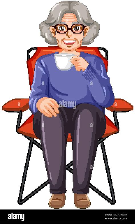 Grandmother Drinking Coffee Sitting On Camping Chair Illustration Stock