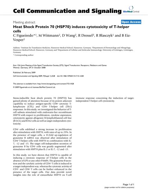 PDF Heat Shock Protein 70 HSP70 Induces Cytotoxicity Of T Helper Cells