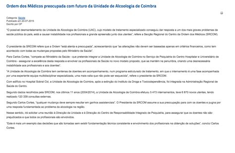 Ordem dos Médicos preocupada futuro da Unidade de Alcoologia de