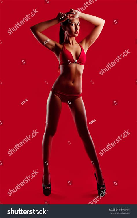Portrait Sexy Brunette Lingerie On Red Stock Photo 248909404 Shutterstock