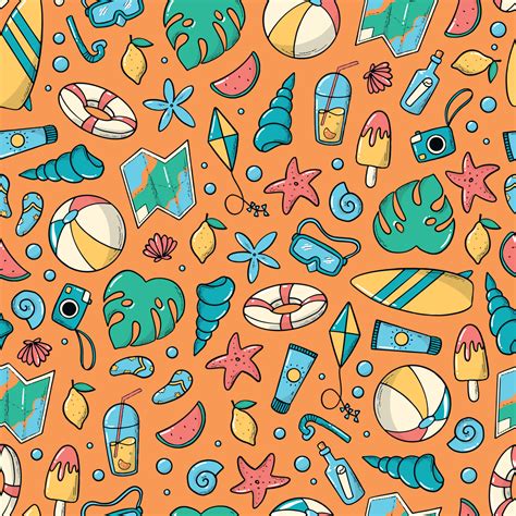 Summer Seamless Pattern With Hand Drawn Doodles On Orange Background