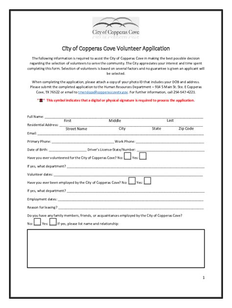 Fillable Online City Of Copperas Cove Volunteer Application