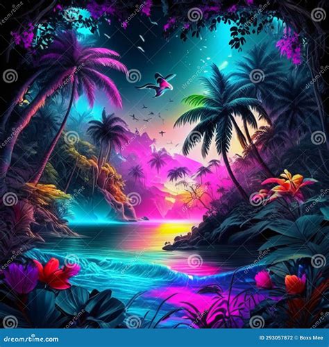 Tropical Beach With Palm Trees And Flowers Vector Illustration Generative Ai Stock Illustration