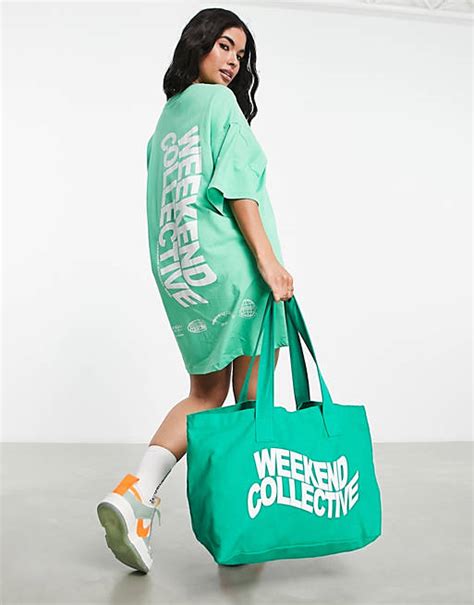 Asos Weekend Collective Oversized T Shirt Dress With Wavy Back Logo In