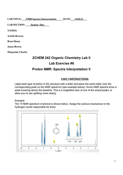 Nmr Nmr Organic Chemistry Lab Title Nmr Spectra