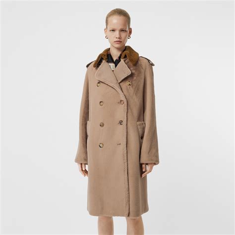 Shearling Trim Faux Fur Trench Coat In Taupe Burberry United States