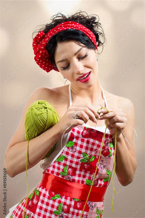 Sexi Pretty Young Pin With Ball Of Thread Over Bokeh Background Stock