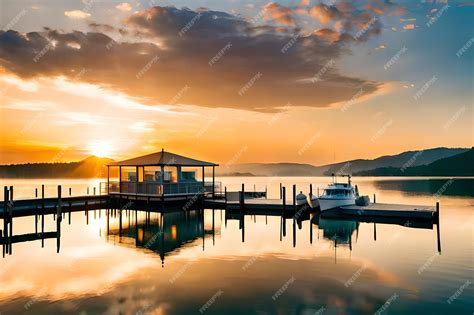 Premium Ai Image A Boathouse On A Dock With A Sunset In The Background