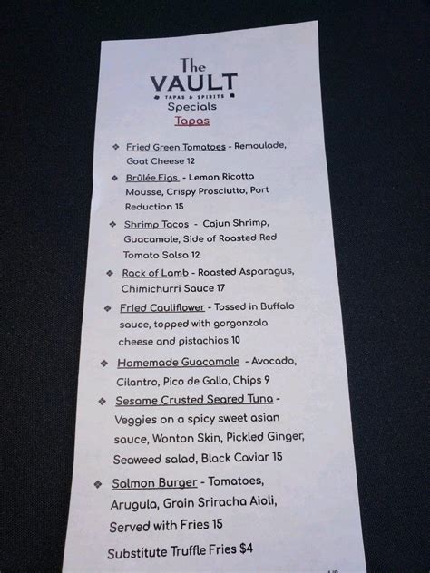 Menu At The Vault Pub Bar Beacon