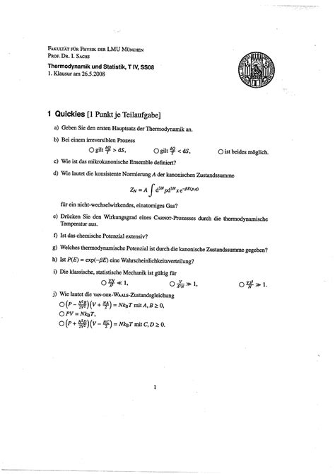 T4 Thermodynamik Und Statistische Physik Klausur 26 Mai 2008 Aufgaben