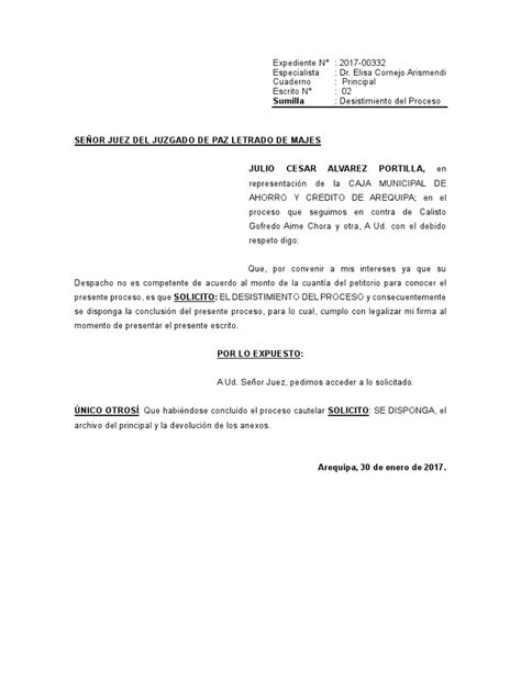 Escrito De Desistimiento Del Proceso