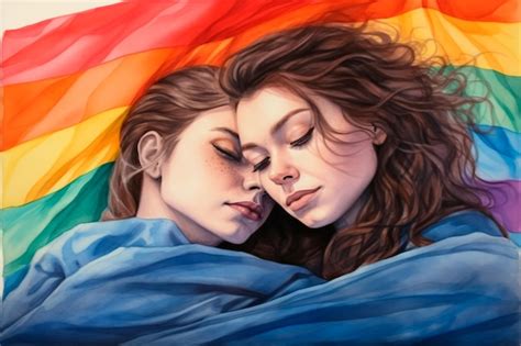 Premium AI Image Two Girls In Love Embrace Wrapped LGBT Flags Lesbian Couple AI Generated