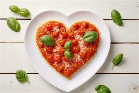 Heart Shaped Spaghetti With Tomato Sauce And Parmesan Cheeses On White