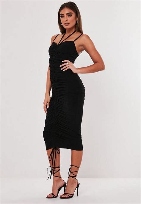 Missguided Jordan Lipscombe X Black Ruched Slinky Midi Dress Shopstyle