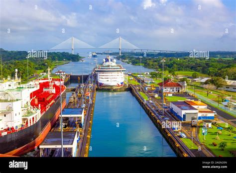 Panama Canal Panama December 7 2019 A Cargo Ship Entering The